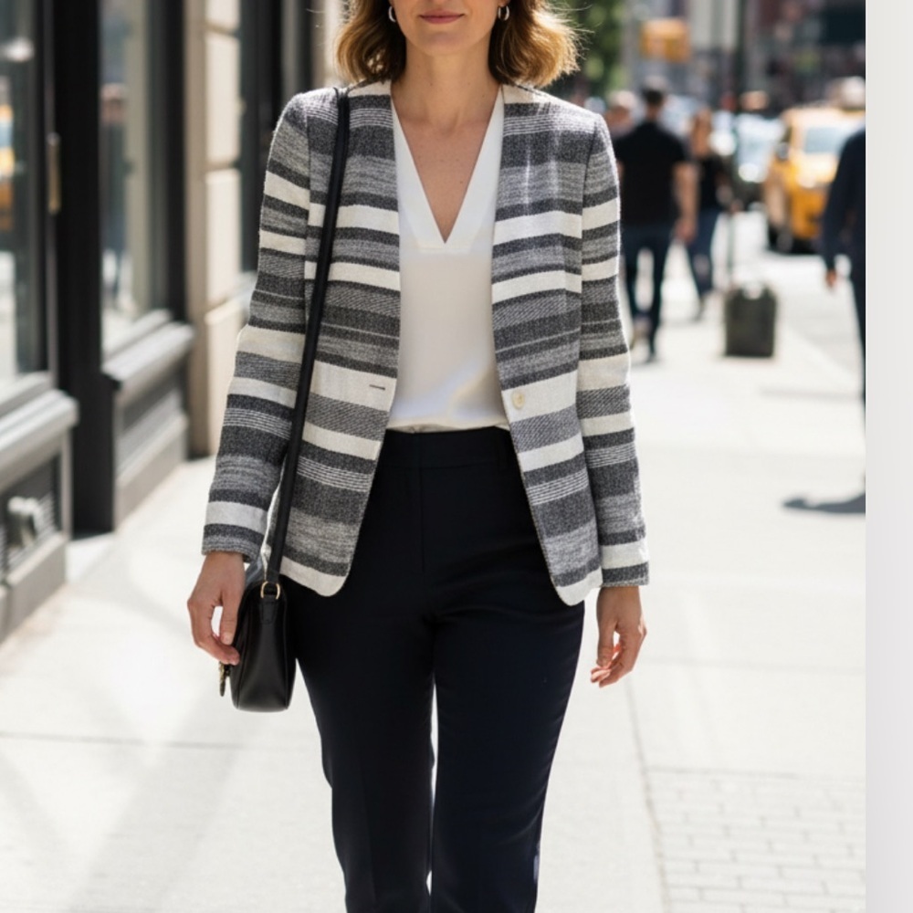 Max Mara Tweed Collarless Striped Relaxed Blazer. Size 14